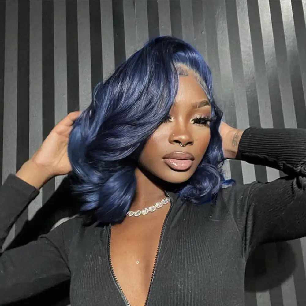 Glueless Midnight Blue Bob Wig Glueless Flexi-Fit Invisi Drawstring Cap Trendy Colored Human Hair Wigs