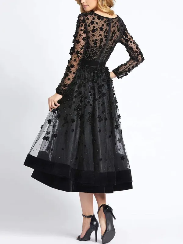 Embellished Sheer Long Sleeve A-Line Midi Dress