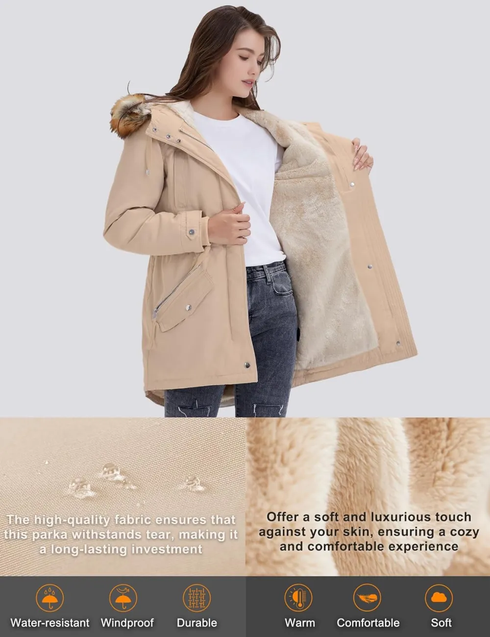 Women's Winter Coats Fleece Lined Parka Jacket Hooded Long Winter Warm Parka Coat with Pockets