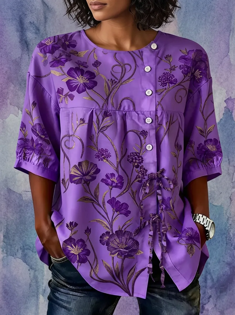 Women's Nashville Floral Botanical Printed Button-Down Shirt