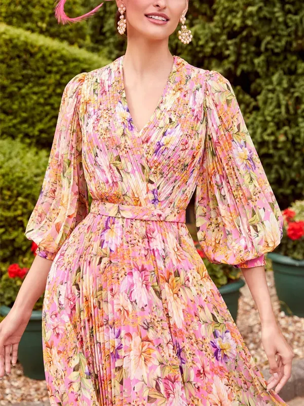 V-Neck Balloon Sleeve Printed Maxi Dress