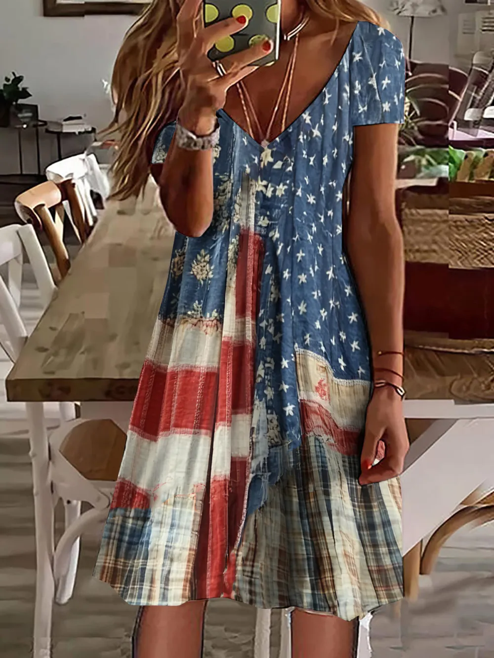 Women's Vintage Independence Day Flag Check Short Sleeve Dress