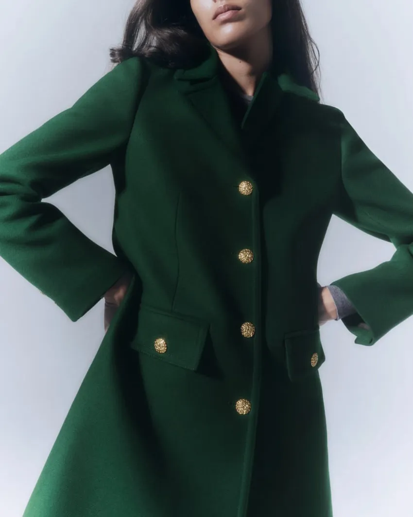 Front Buttons Lapel Coat in Green