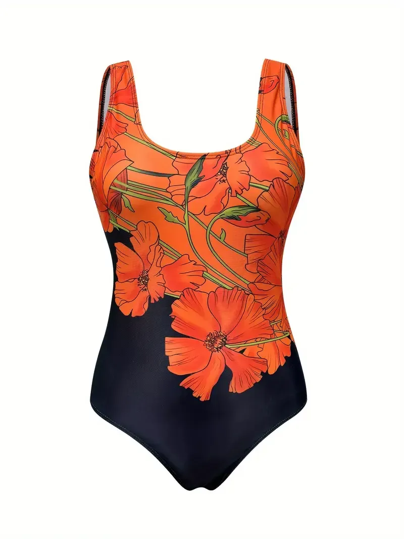 Popular Women'S One-Piece Swimsuit with a Fitted Design, Showcasing The Waist, Featuring a Round Neck And Floral Patterns with White Borders.