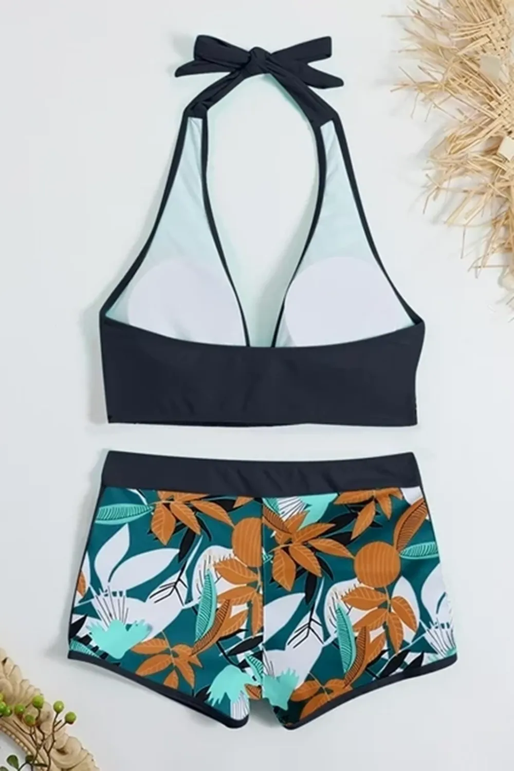 Sexy padded printed high-waisted patchwork swim trunks set
