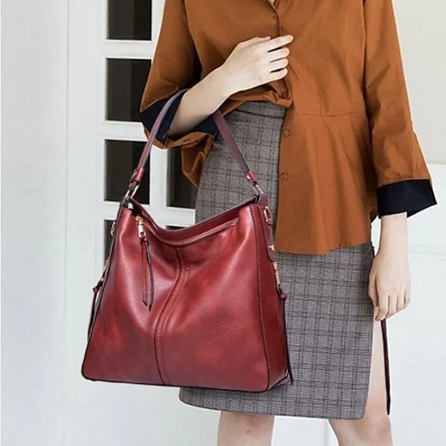 Women's Waterproof Top Handle Bag Hobo Bag PU Leather Daily Solid Color Black Red Brown