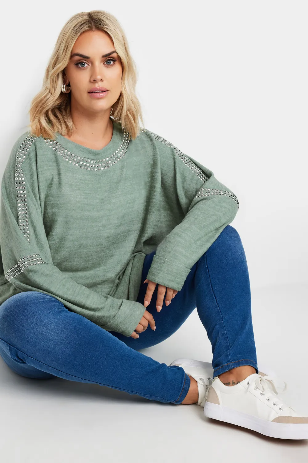 YOURS Curve Grey Stud Neckline Embellished Jumper