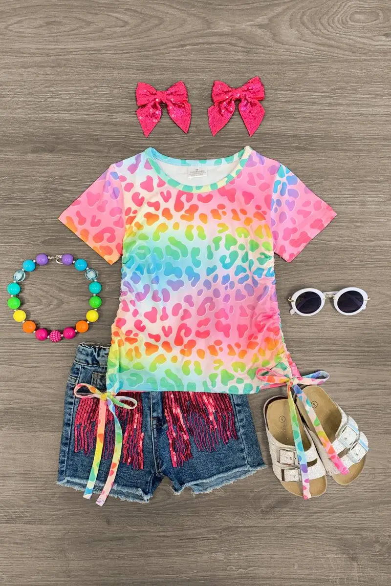 Rainbow Leopard Sequin Denim Short Set