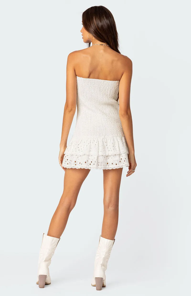 Edikted Livia Lacey Cotton Scrunch Mini Dress
