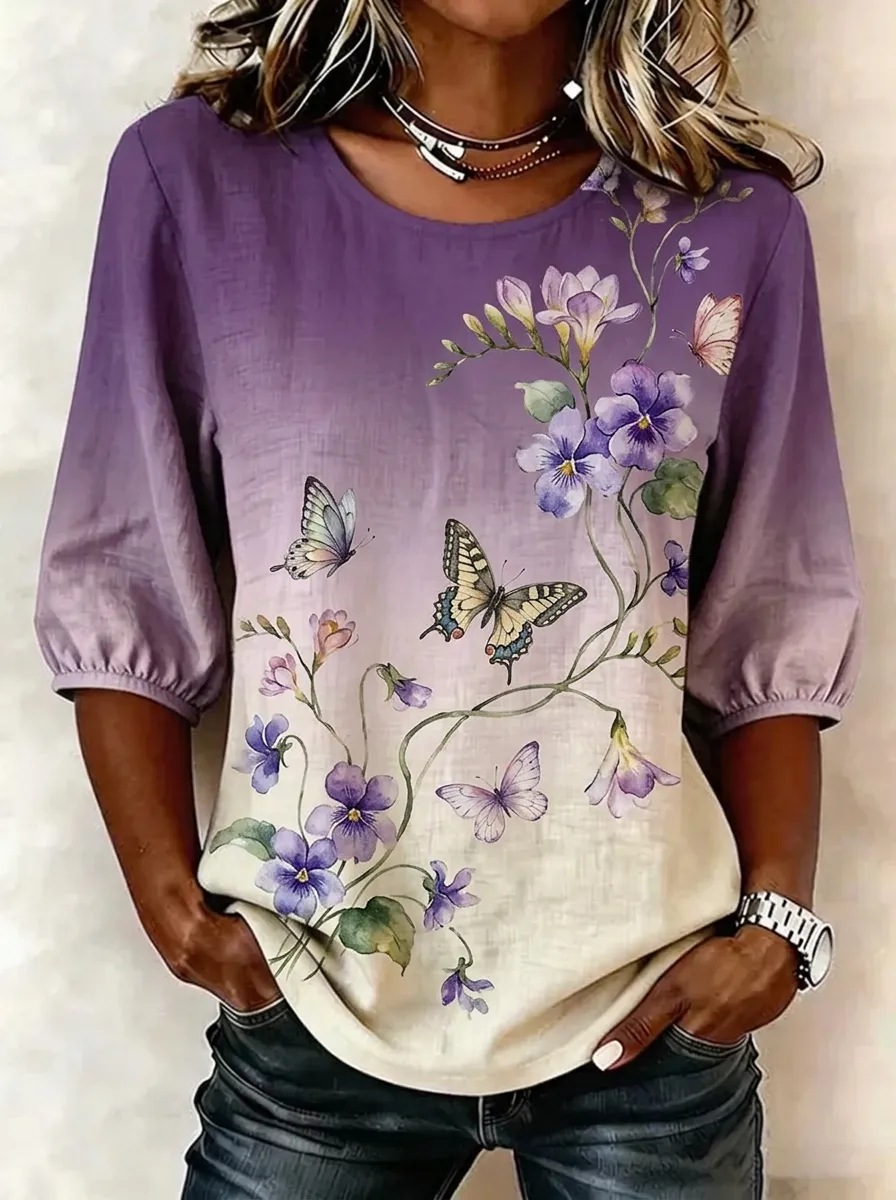 Women's Nashville Floral Butterfly Printed Ombre Top