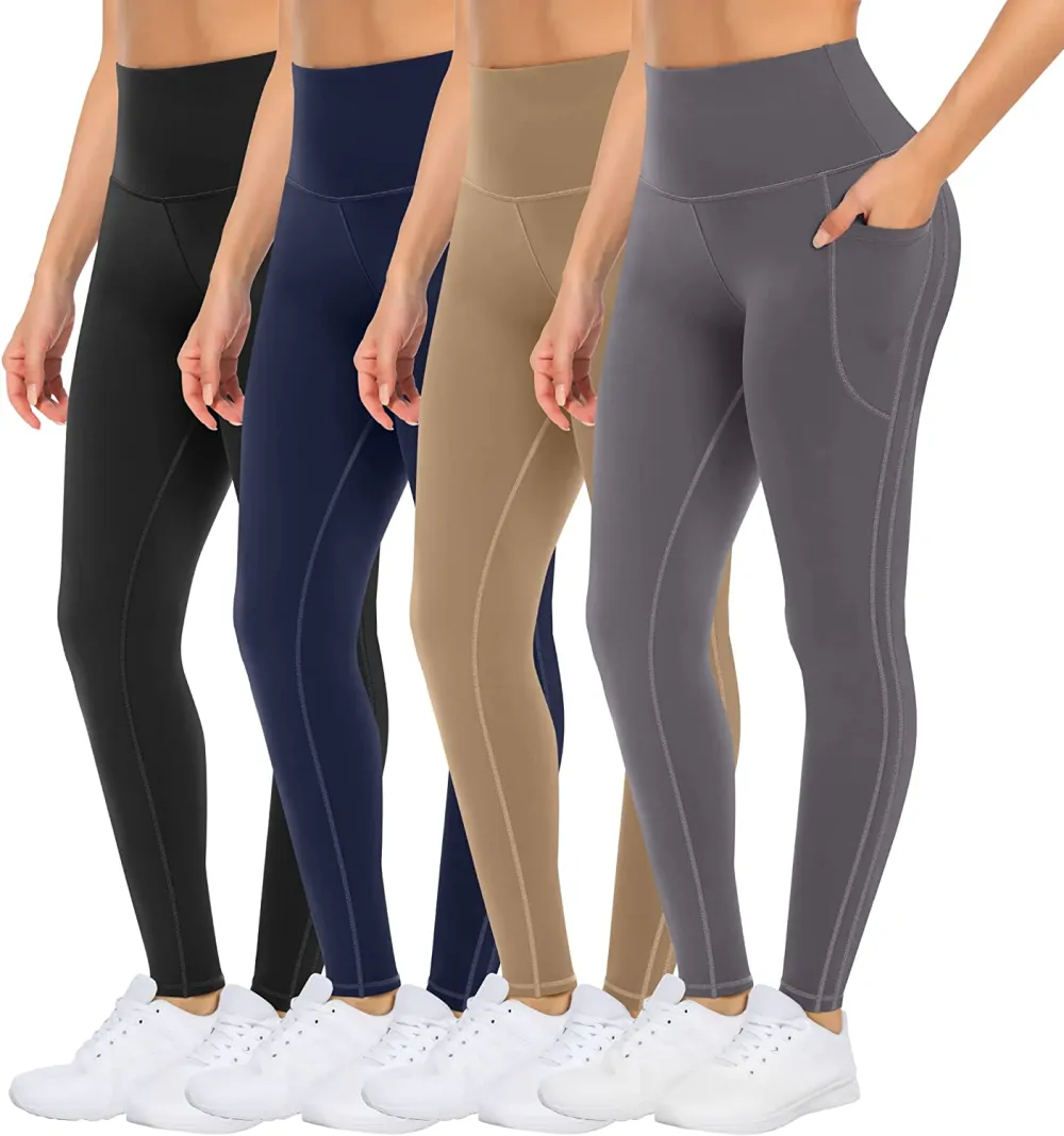 4 Packs Yoga Leggings with Pockets for Women - High Waist Tummy Control Pants for Workout