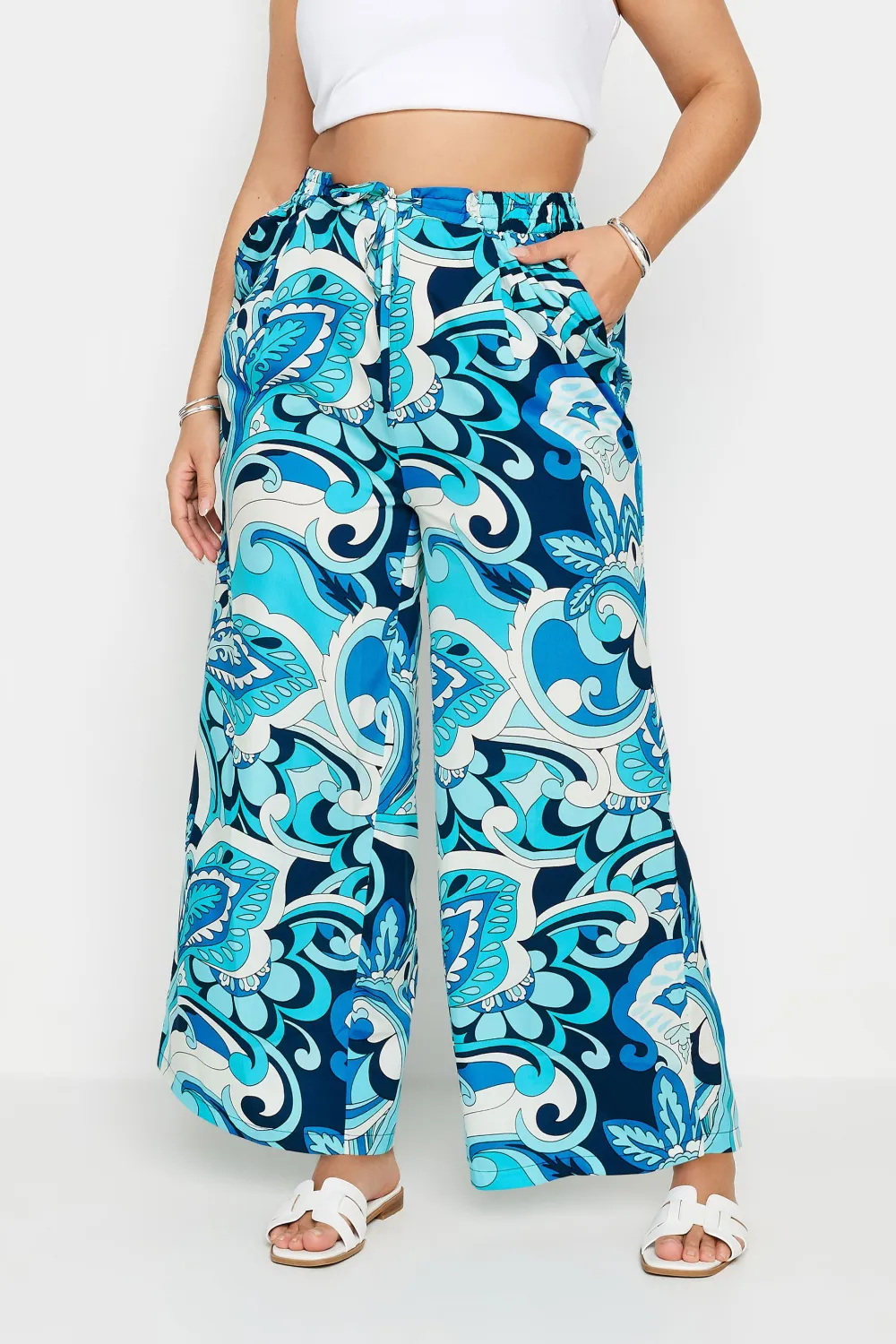 YOURS Curve Blue Abstract Print Drawstring Wide Leg Trousers