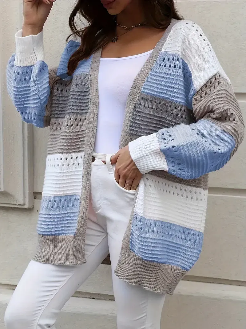 Casual Autumn Wear| Women's Plus Size Color Block Open Front Cardigan - Casual V-Neck, Eyelet Detail, Long Sleeve, Knit Sweater - Machine Washable, Polyester