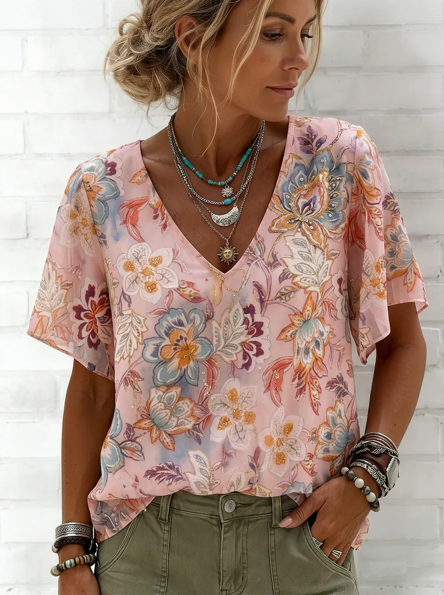 Women's Nashville Floral Boho Printed V-Neck Top