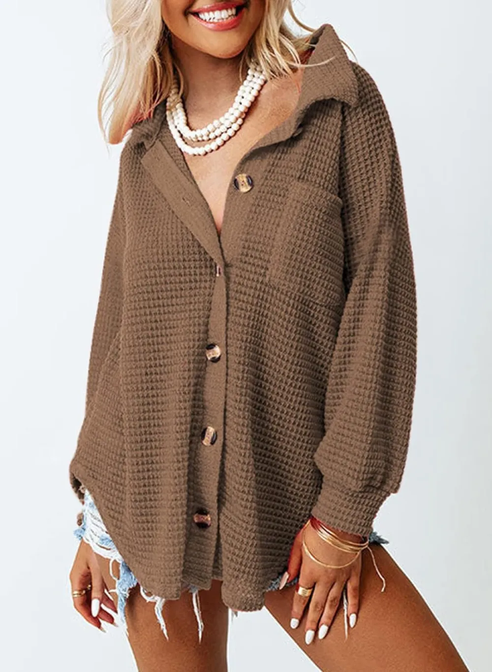 Womens Waffle Knit Button Down Shirts Casual Long Sleeve Shacket Jacket Boyfriend Tops Blouses Loose Fit