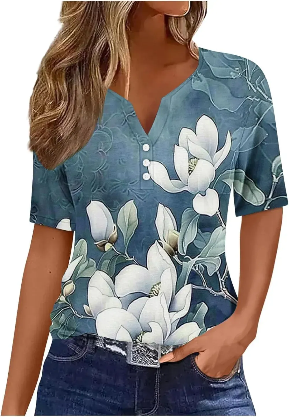 Shirts for Women Casual Printed Summer Tops Short-Sleeved Button V-Neck Tops Blouse Fashion Boho T-Shirts