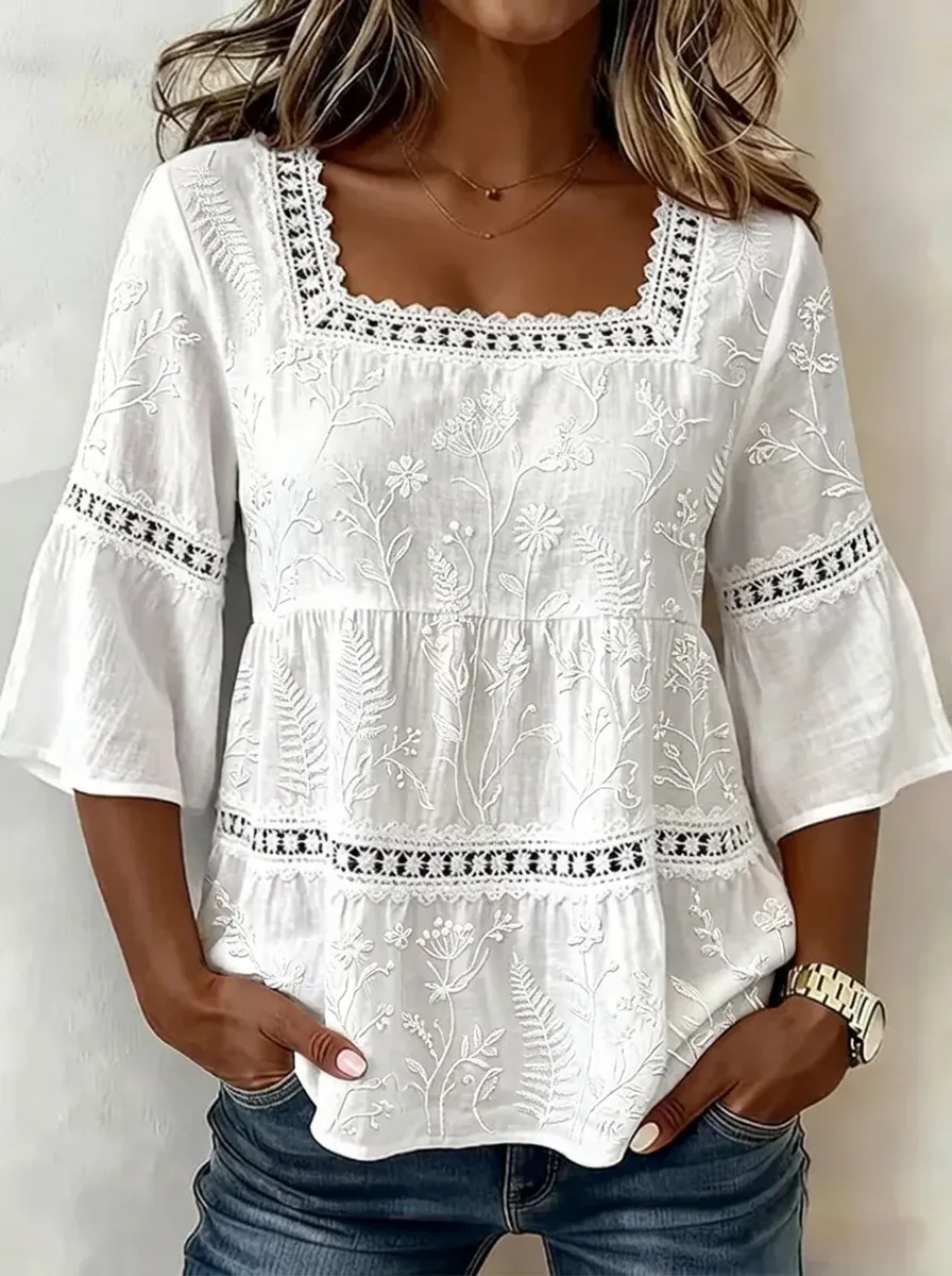 Women's Nashville Floral Embroidered Lace Trimmed Printed Top