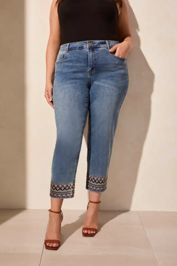 Audrey Mid Rise Embroidered Straight Crop Jeans-Tileblue