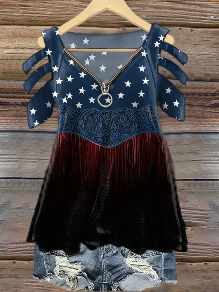 Women's Independence Day Flag Denim Blue Print V-neck T-shirt