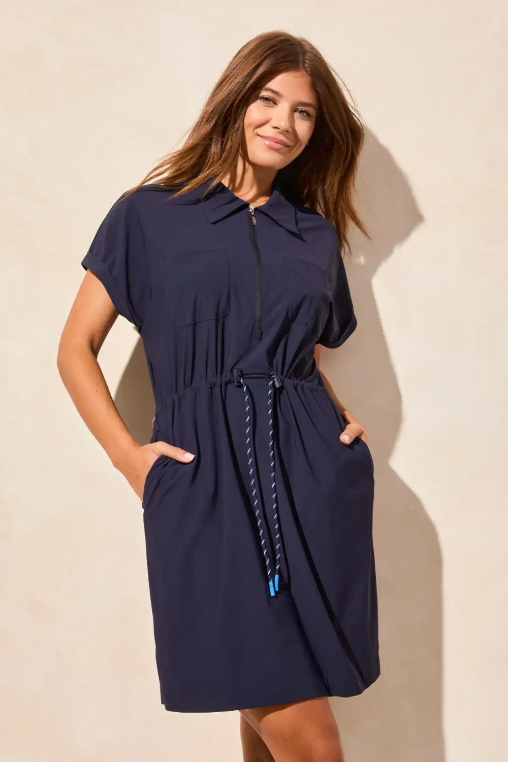 4-Way Stretch Polo Dress With Drawcord-Deepblue