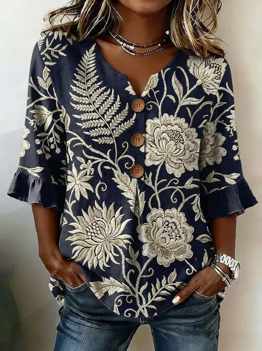 Women's Nashville Floral Fern Pattern Printed Button V-Neck Top