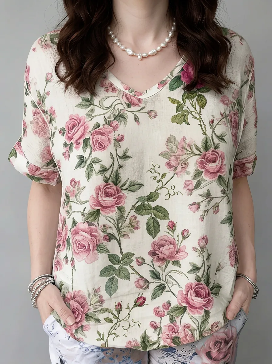 Women's Nashville Floral Rose Printed V-neck Top