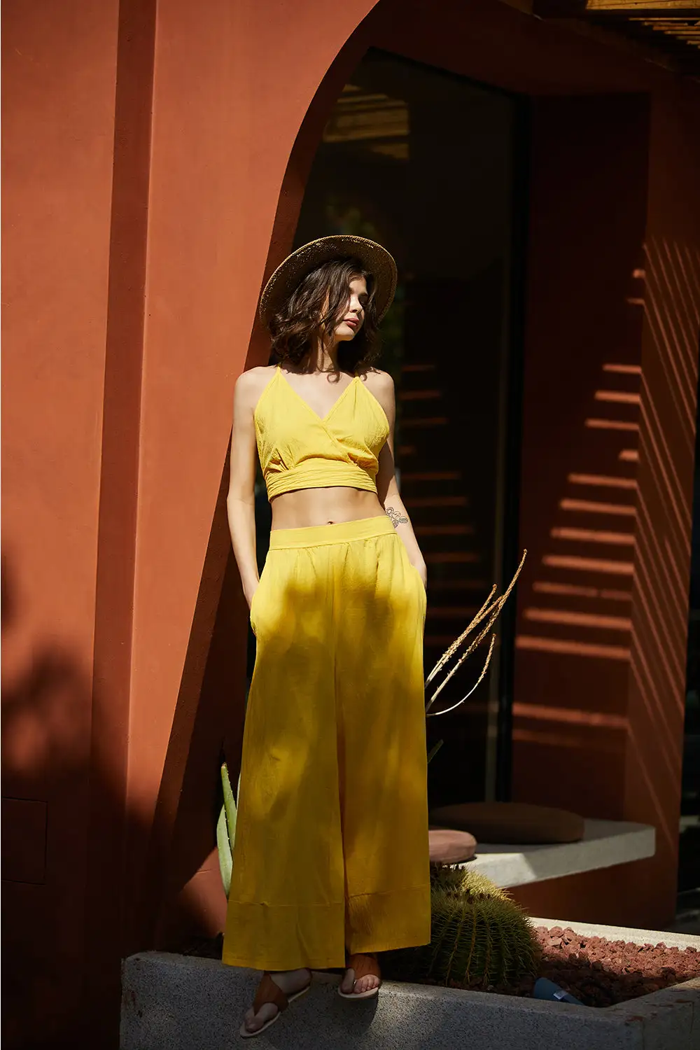 Spaghetti Strap Camisole Crop Top Casual Wide Leg Long Pants Linen Set