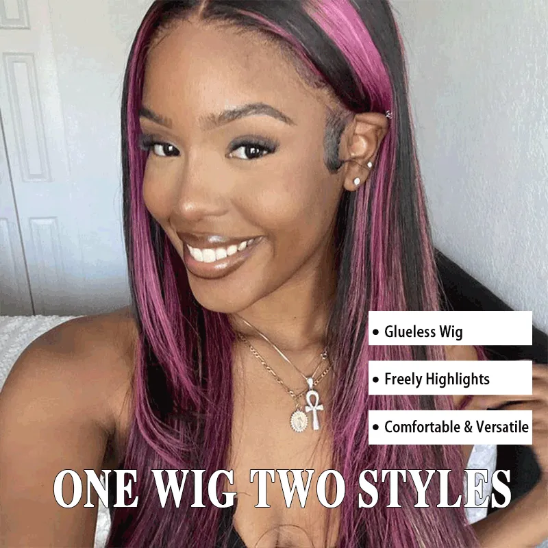 One Wig More Styles | Glueless Straight Wig With Free Colored Clips Invisible Lace Wig Dome Cap Wigs