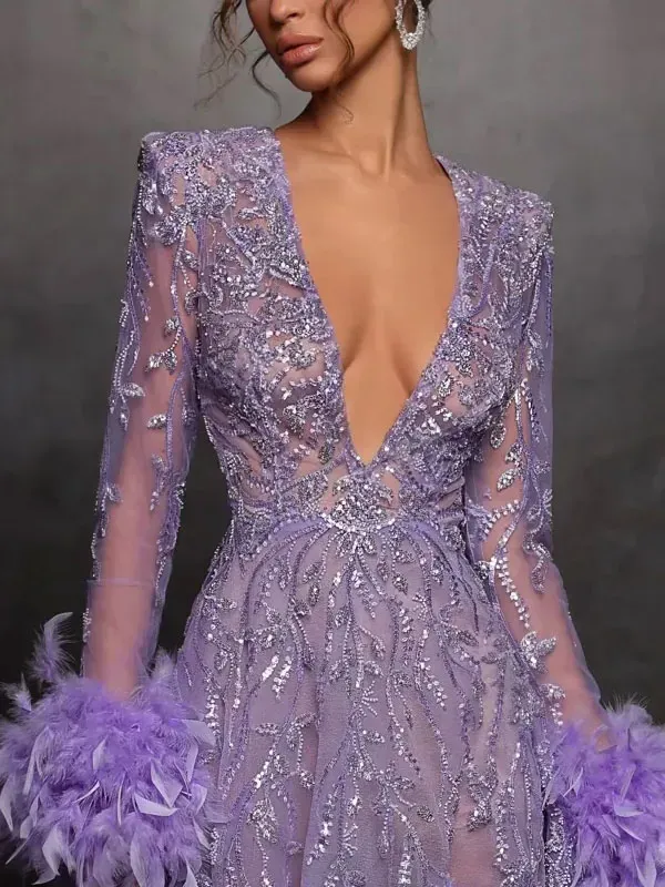 sexy v-neck temperament feather delicate ladies dress