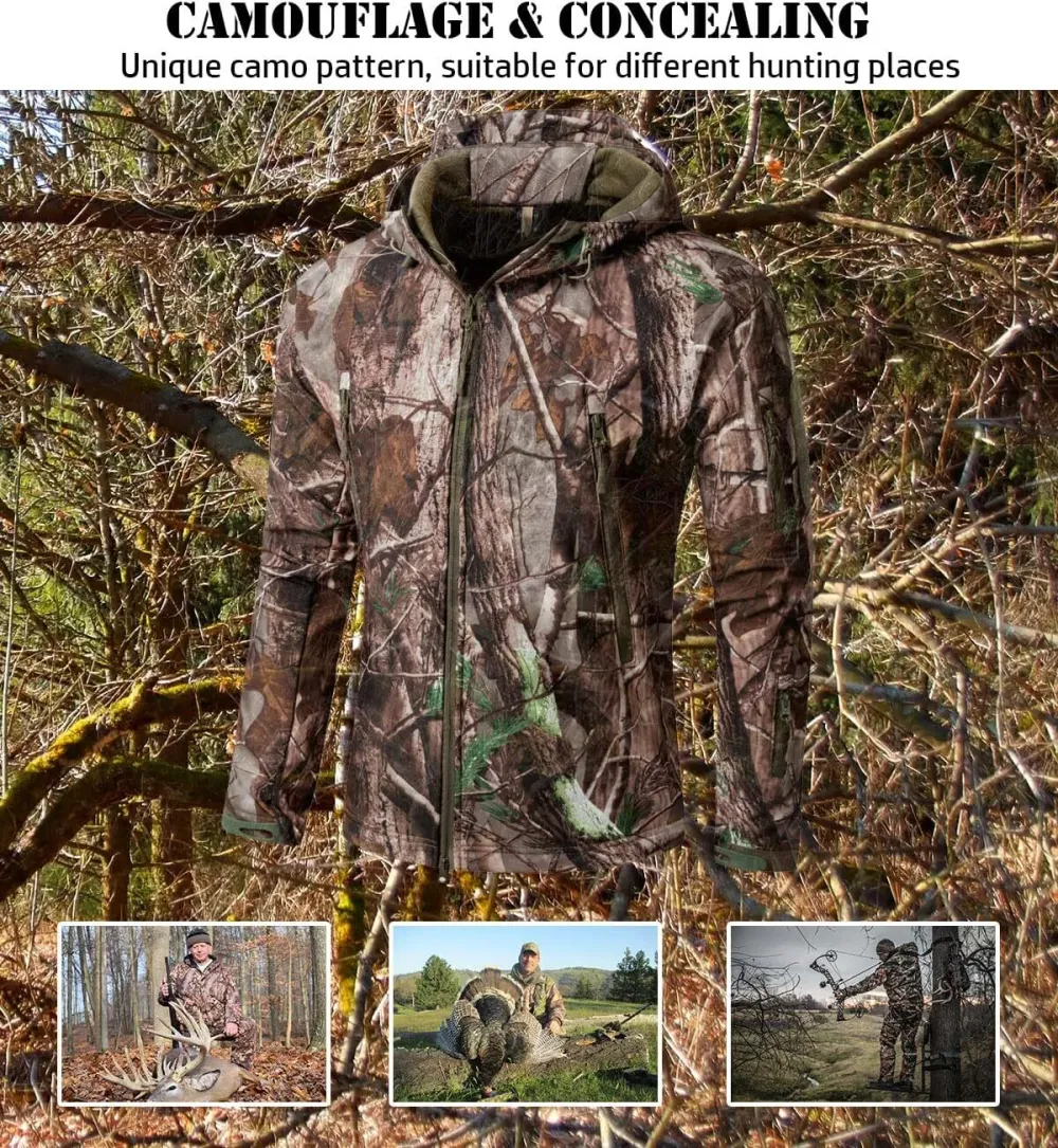 Men's Soft Shell Military Tactical Jacket Outdoor Camouflage Hunting Fleece Hooded Coat
