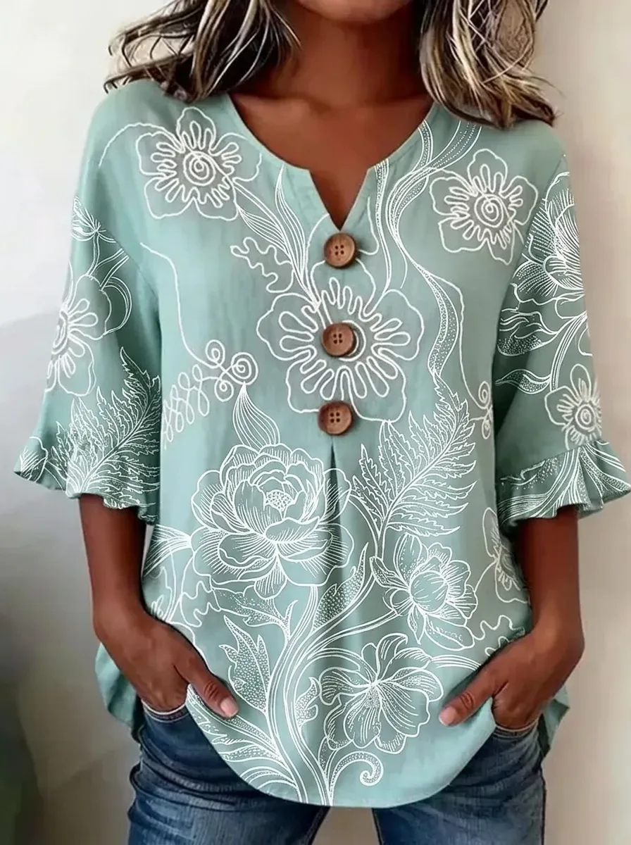 Women's Nashville Floral Line Art Printed Button V-Neck Top