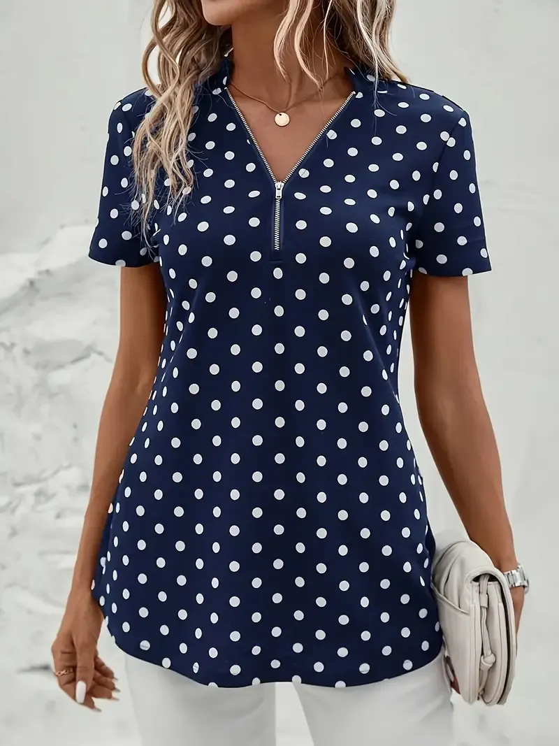 Polka Dot V-Neck Zipper Blouse, Short Sleeve Spring Summer Blouse for Women