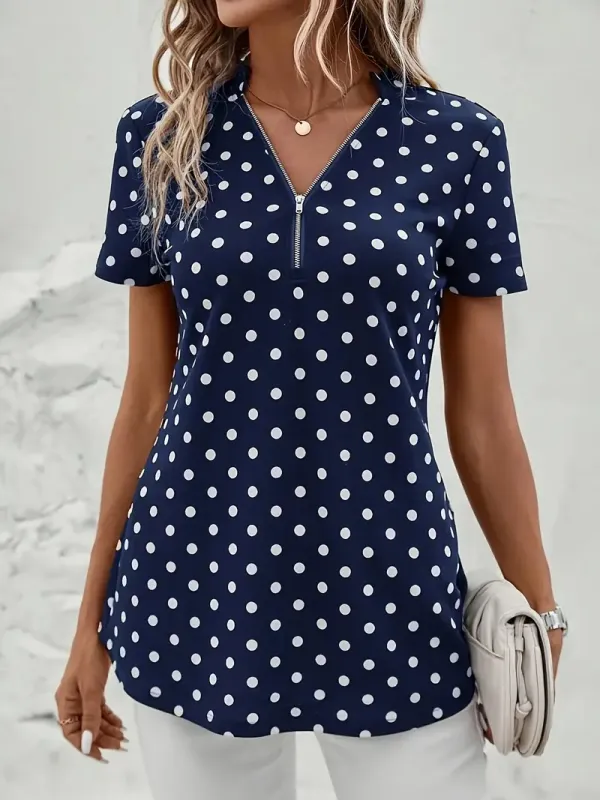 Polka Dot V-Neck Zipper Blouse, Short Sleeve Spring Summer Blouse for Women