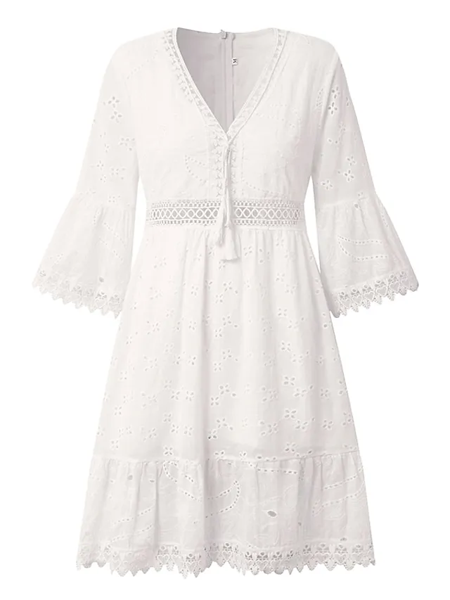 Women‘s Party Dress Casual Dress Lace Dress Mini Dress White Beige 3/4 Length Sleeve Embroidery Ruched Summer Spring Fall V Neck Fashion Wedding Summer Dress Office 2023 S M L XL 2XL 3XL