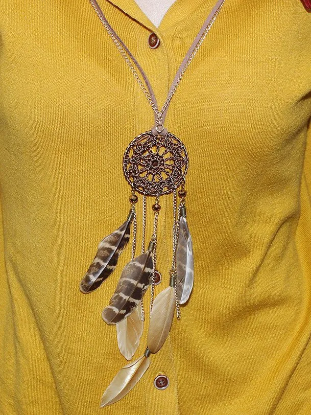 Ethnic Retro Dream Catcher Feather Long Sweater Chain Wool Clothes Necklace