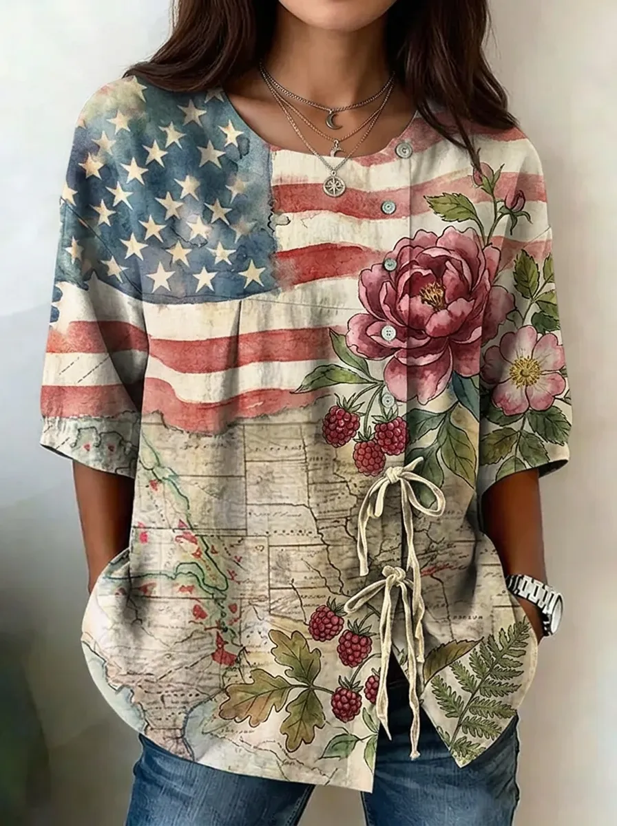 Women's Nashville USA Flag Floral Map Printed Button-Up Top