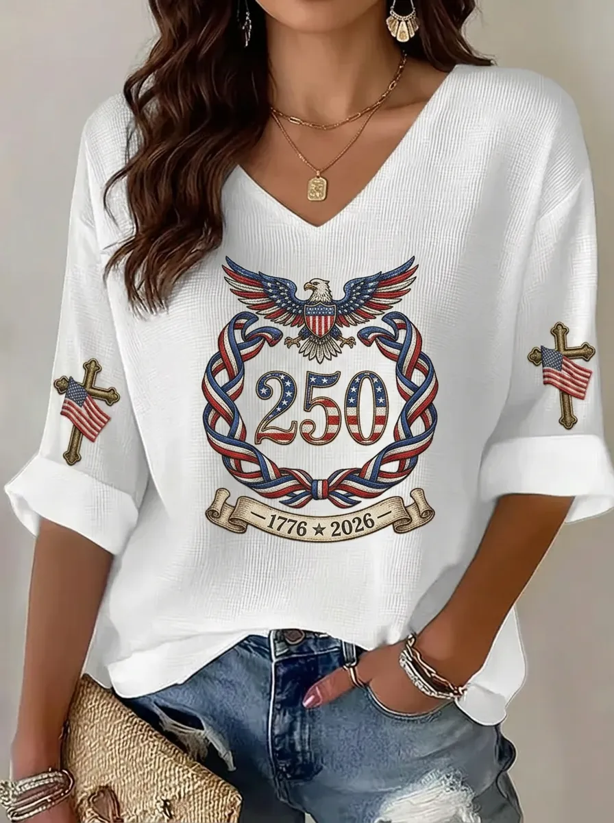 Women's USA 250th Anniversary Eagle Cross Printed V-neck Top