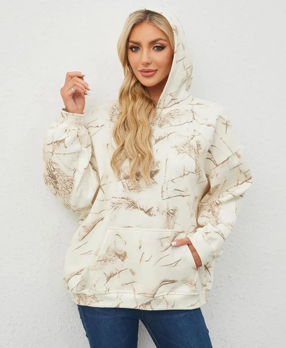 Womens Camo Hoodies Maple Leaf Print Oversized Hooded Sweatshirt Fleece Pullover Sweatshirts Long Sleeve with Pocket