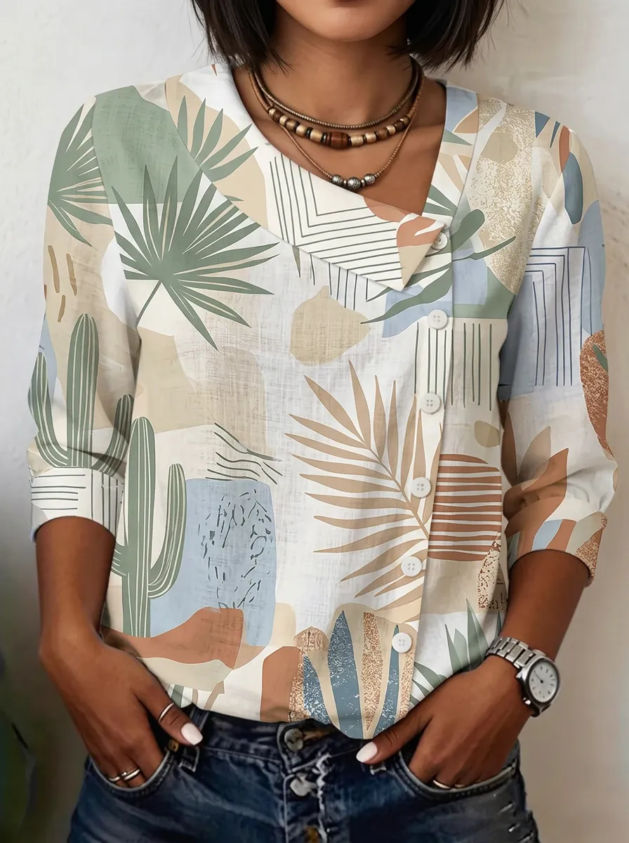Women's Nashville Desert Cactus Palm Leaf Printed Button Blouse