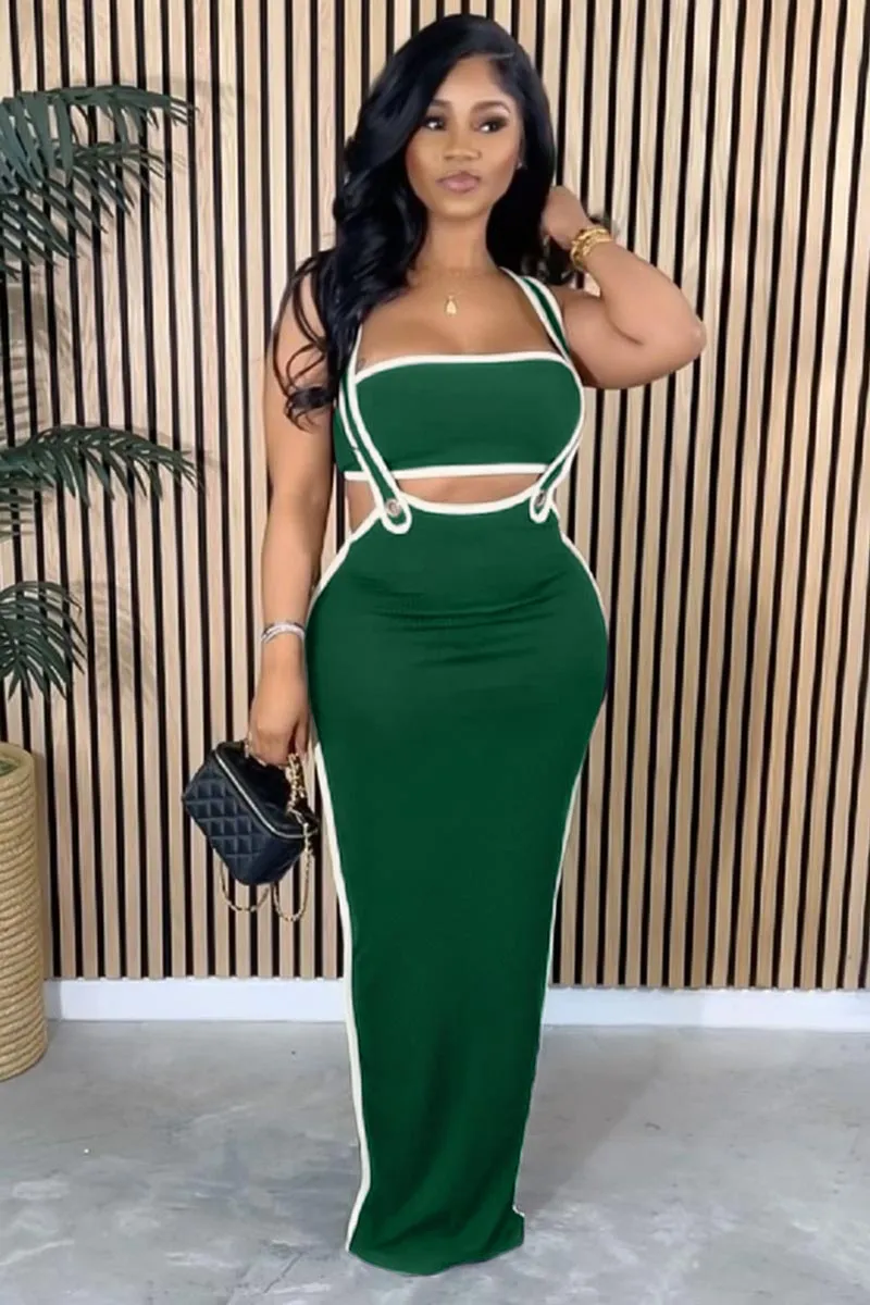 Colorblock Trim Crop Tube Top Bodycon Overall Maxi Dresses Matching Set-Black