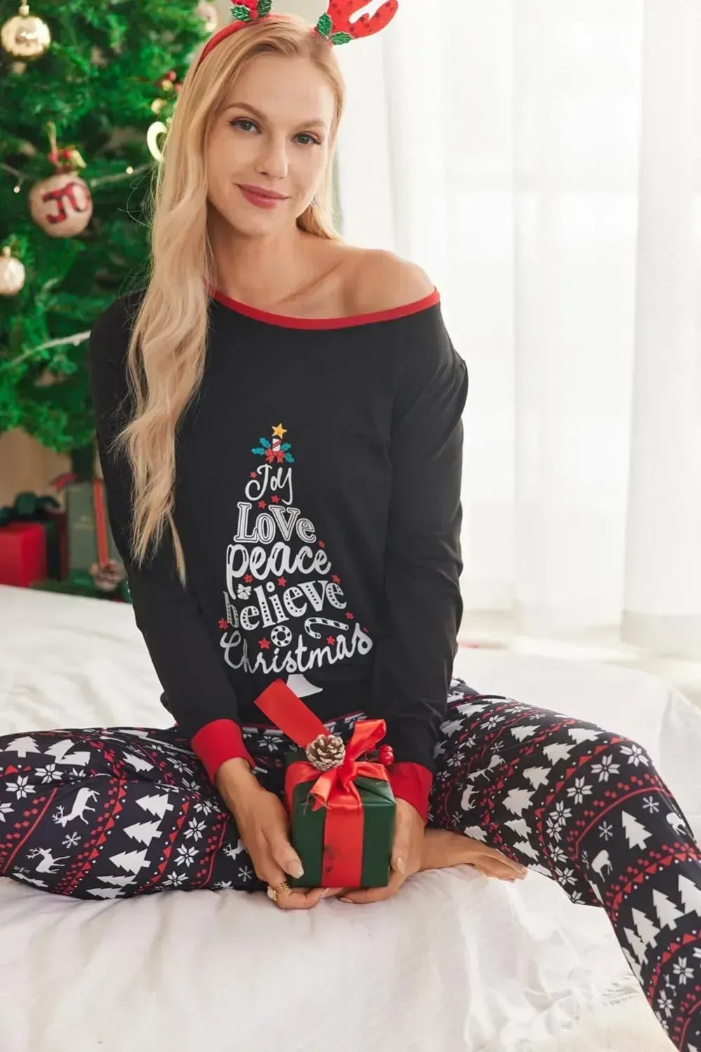 Women's Pajamas Sets Long Sleeve with Plaid Pants Soft Sleepwear O Neck 2 Piece Pjs Joggers Loung Set with Pockets