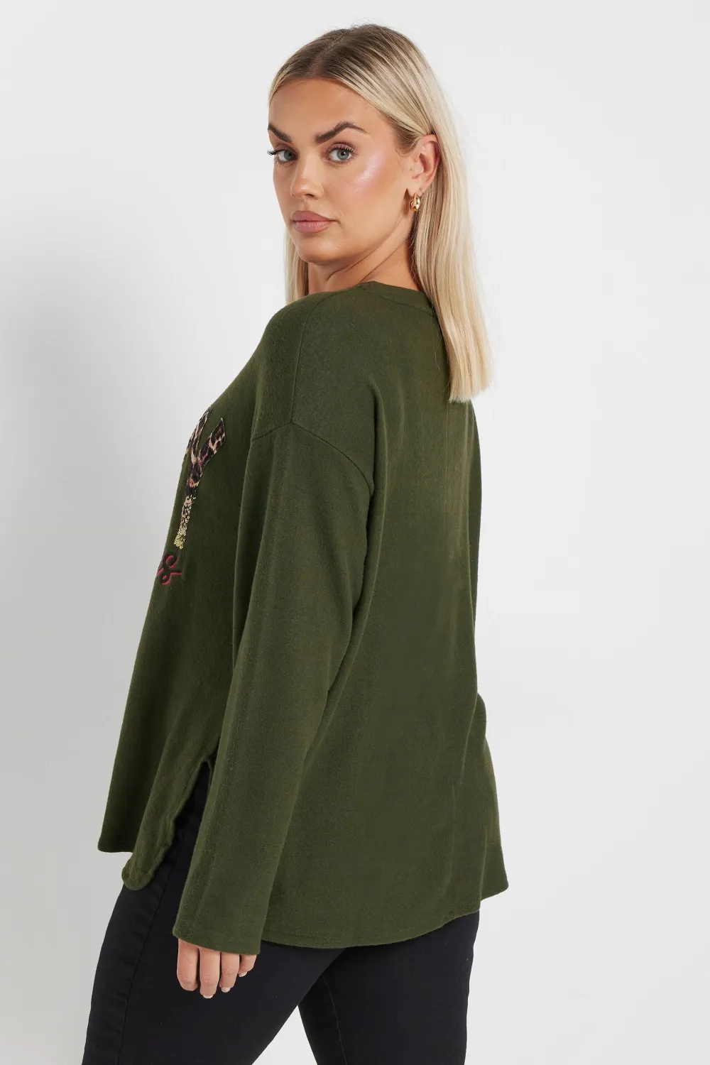 YOURS Curve Khaki Green 'Merry Christmas' Sequin Embellished Sweatshirt