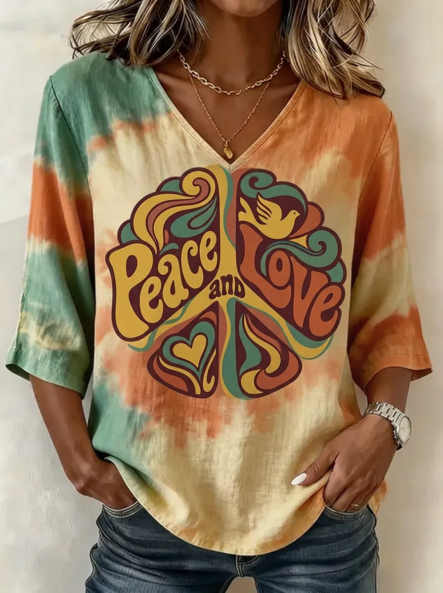Women's Nashville Peace and Love Retro Tie-Dye Printed Top