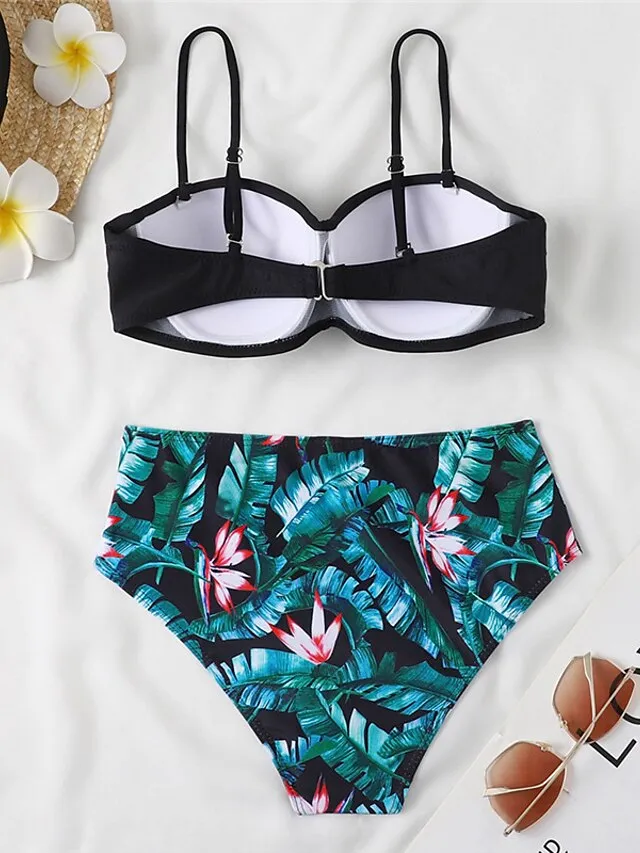 Women's Swimwear Bikini 2 Piece Normal Swimsuit 2 Piece Open Back Sexy Printing High Waisted Floral Leaves Black Yellow Navy Blue Royal Blue Blue Strap Bathing Suits Sexy Vacation Fashion