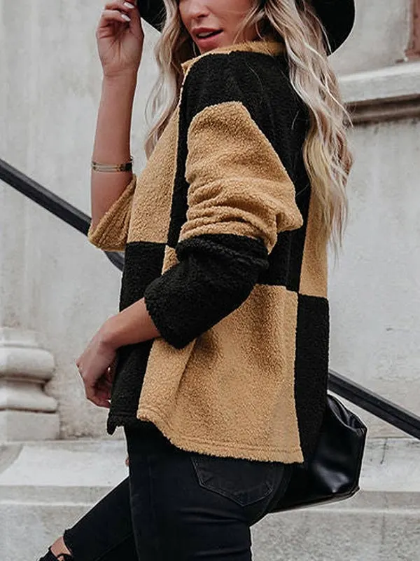 Lapel Contrast Panel Long Sleeve Fleece Jacket