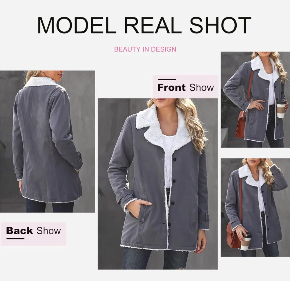 Womens Winter Warm Jean Jacket Stand Collar Wool Liner Sherpa Denim Coats Thicker Outerwear with Pockets