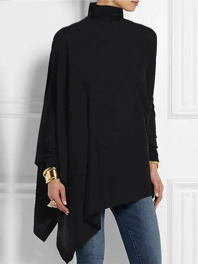 Women's Plus Size Shirt Blouse Butterfly Star Silver Black White Asymmetric Print Long Sleeve Casual Basic High Neck Regular Fit Spring Fall