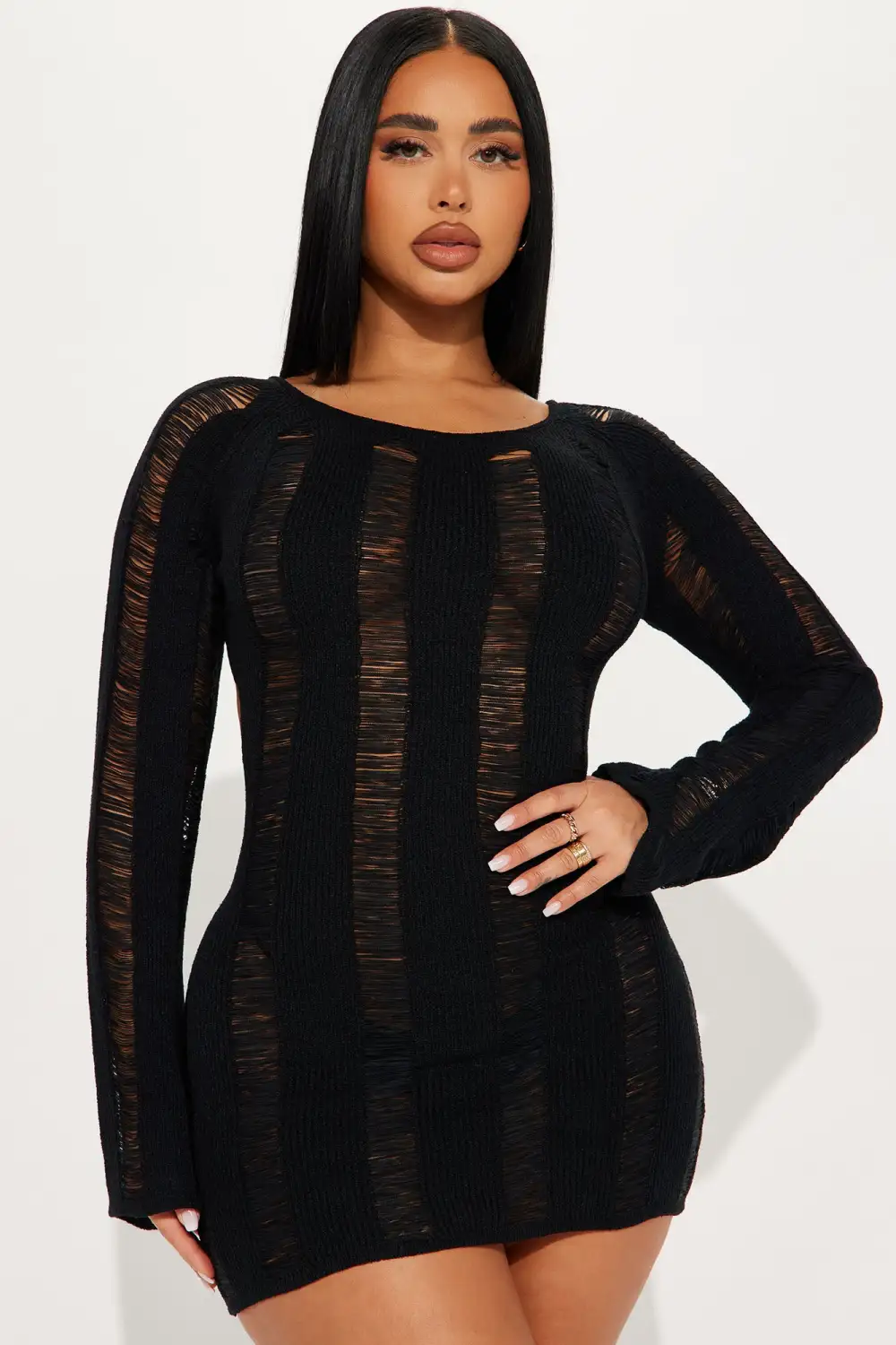 Exposed Distressed Mini Dress - Black