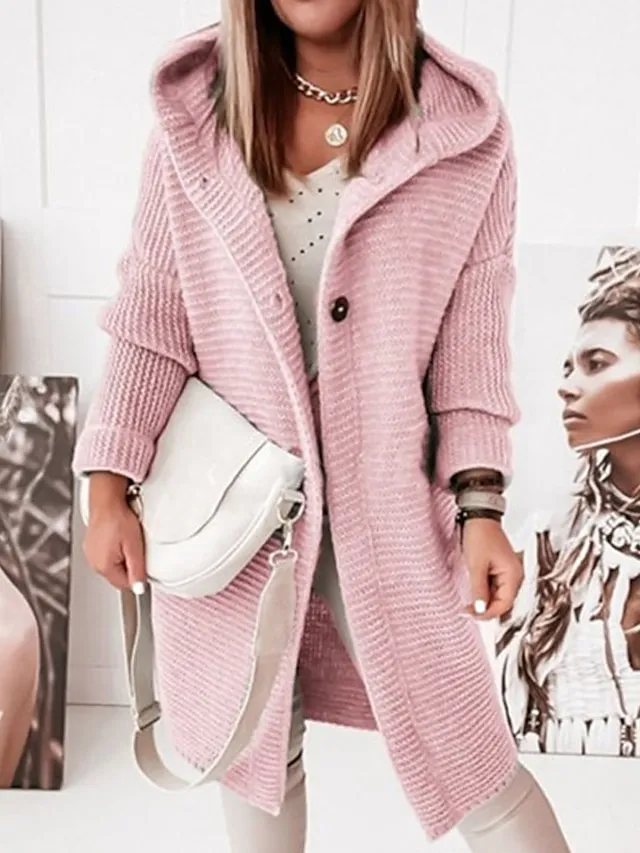 Women's Cardigan Sweater Jumper Knit Button Knitted Solid Color Hooded Stylish Casual Daily Weekend Winter Fall Green Pink S M L / Long Sleeve / Regular Fit