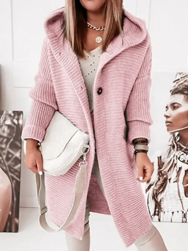 Women's Cardigan Sweater Jumper Knit Button Knitted Solid Color Hooded Stylish Casual Daily Weekend Winter Fall Green Pink S M L / Long Sleeve / Regular Fit